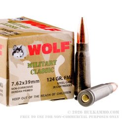 Wolf WPA Military Classic 7.62x39mm 124gr FMJ (20rds & 1000rds)